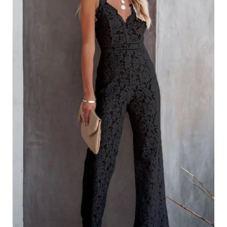 Women’s Elegant Lace V-Neck Sleeveless Jumpsuit