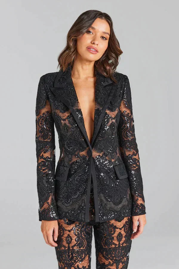 Women’s Elegant Lace Blazer and Pants Two-Piece Set