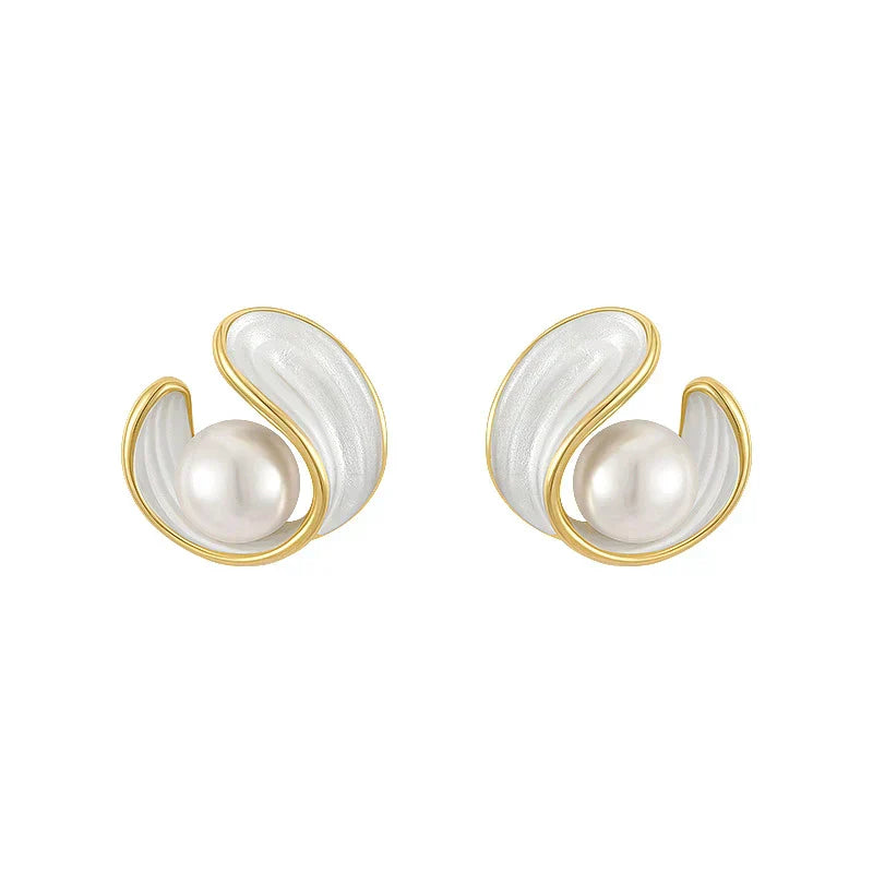 Women’s Elegant Pearl and Enamel Gold Stud Earrings