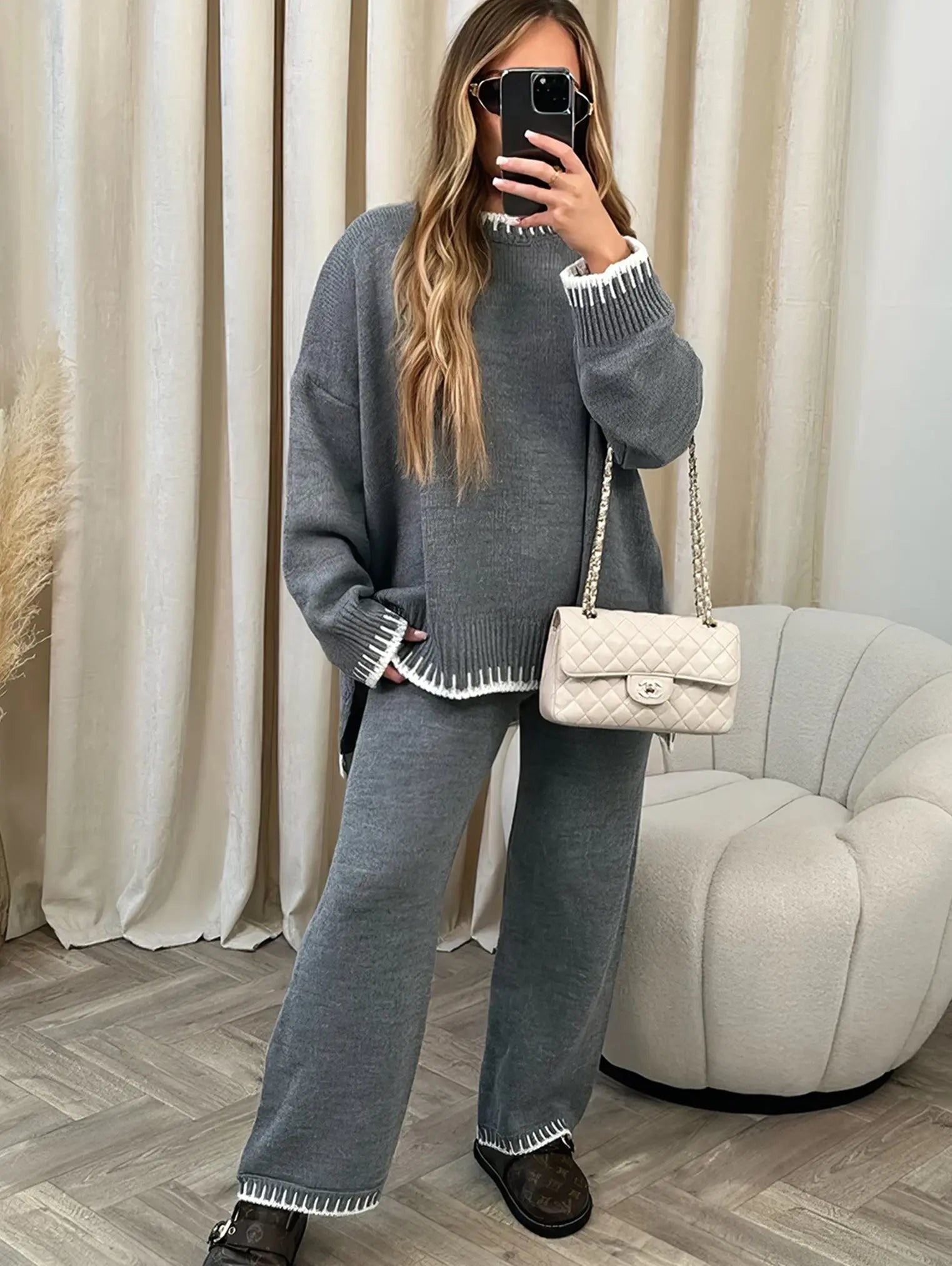 Women’s Cozy Knit Lounge Set with Wide Leg Pants