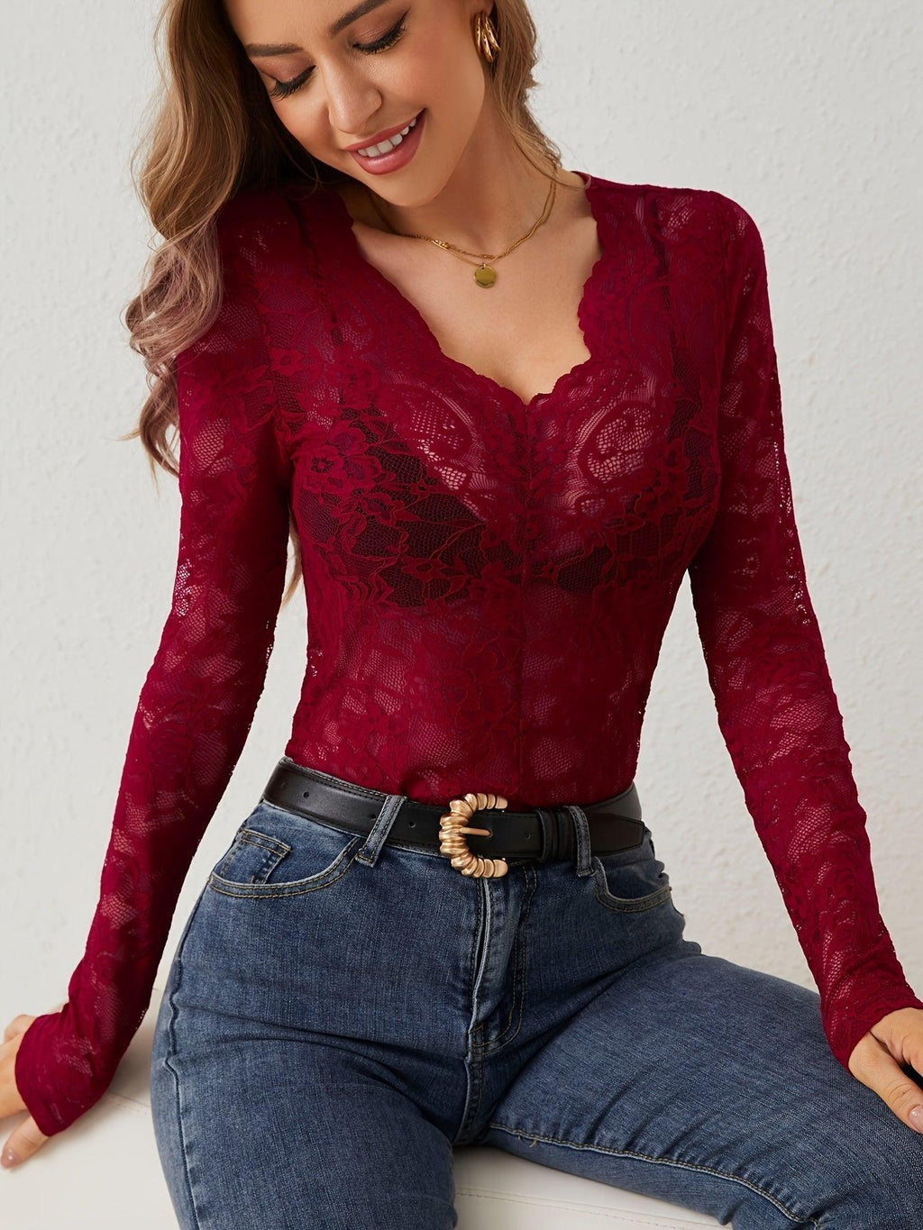 Women’s Sexy Lace V-Neck Long Sleeve Blouse