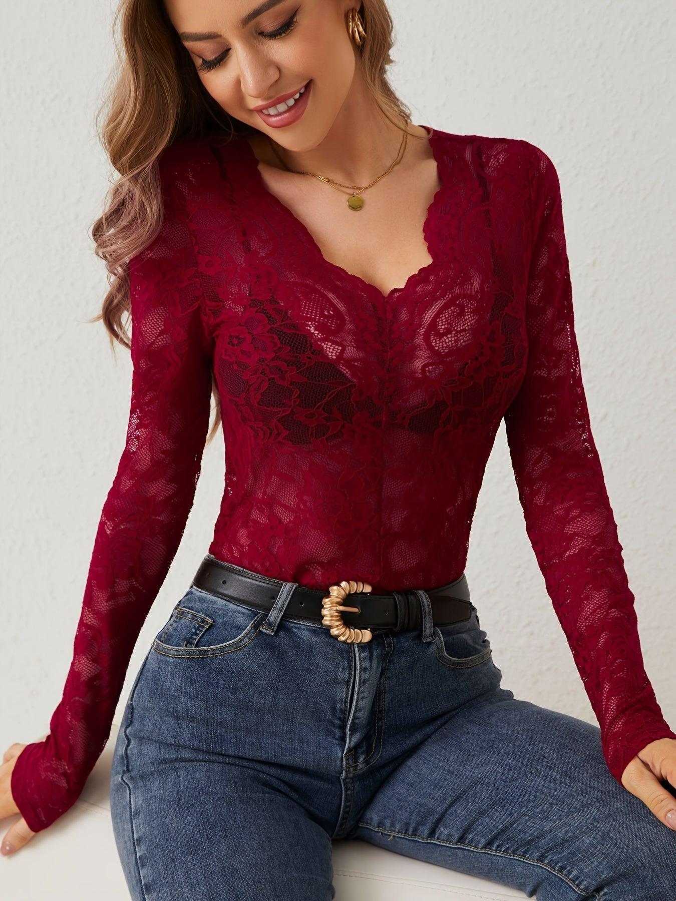 Women’s Sexy Lace V-Neck Long Sleeve Blouse