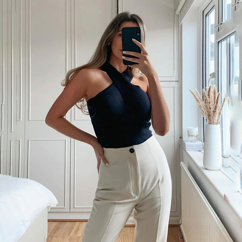 Chic Ribbed Cross Halter Neck Top for Women