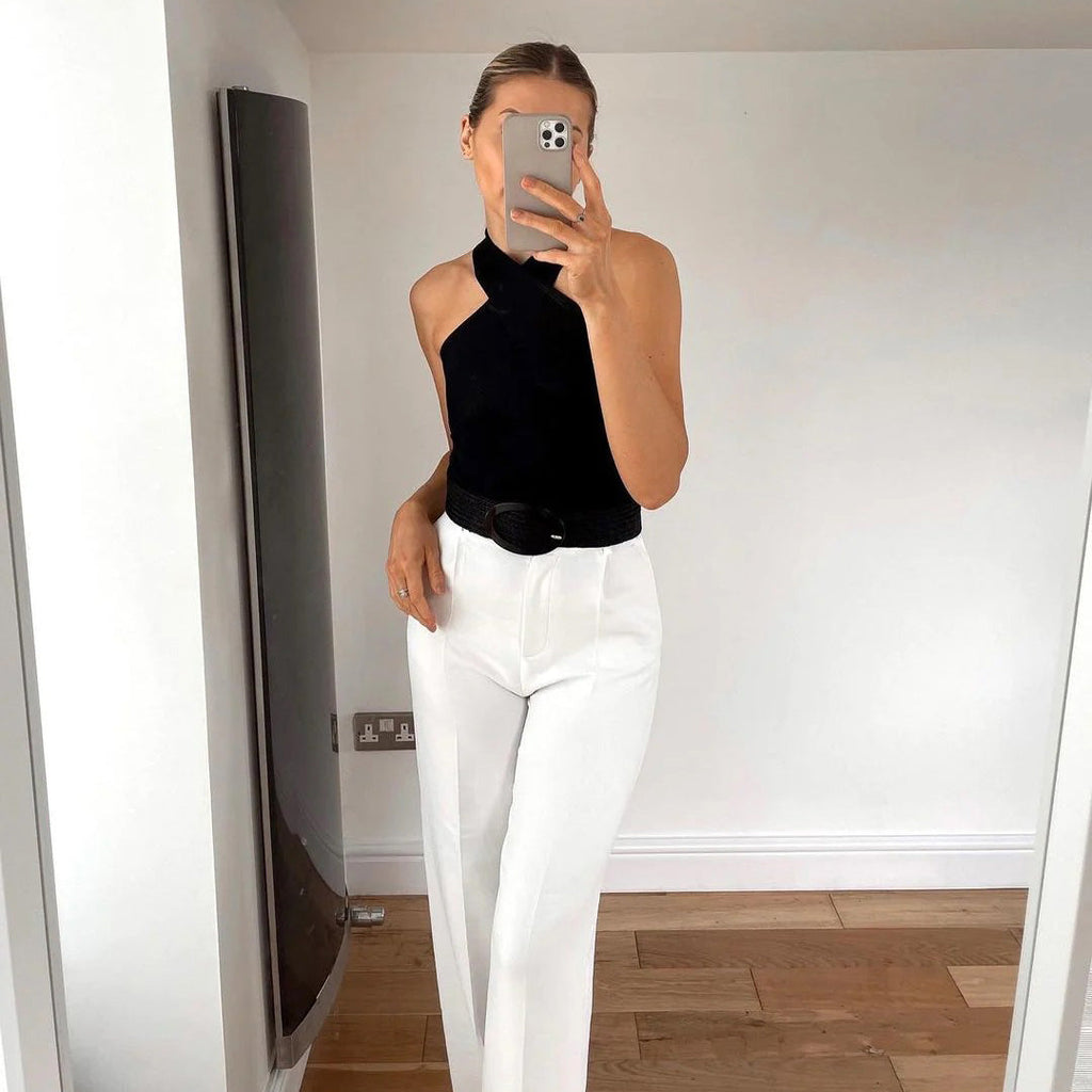 Chic Ribbed Cross Halter Neck Top for Women