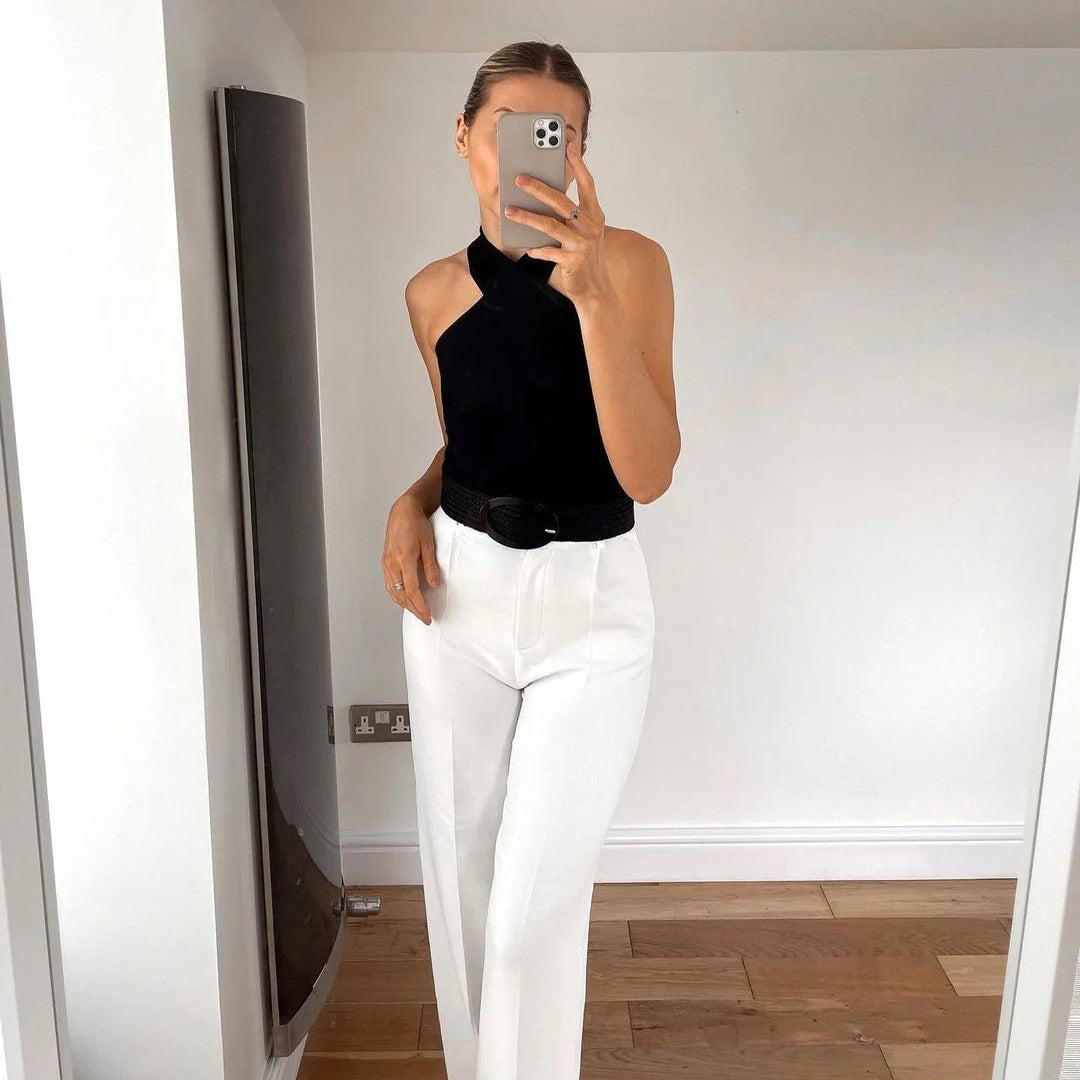 Chic Ribbed Cross Halter Neck Top for Women