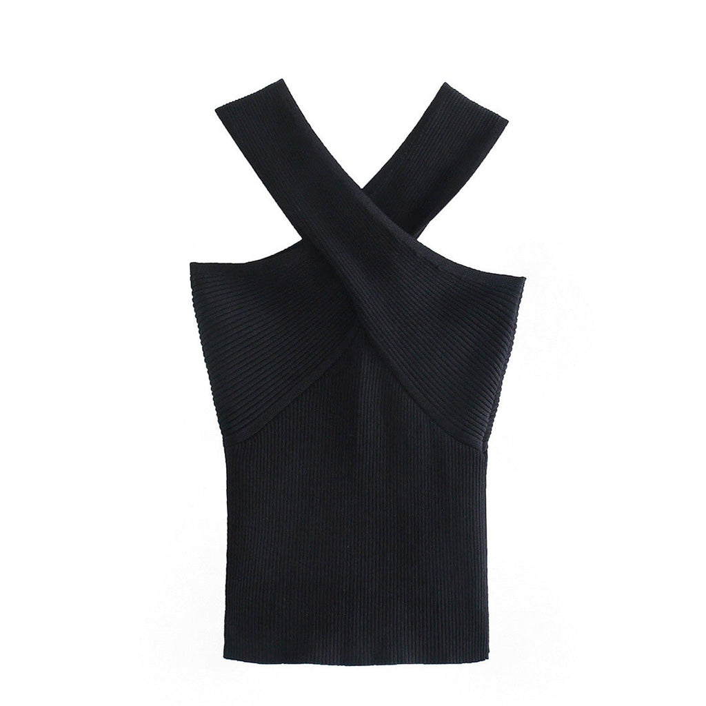 Chic Ribbed Cross Halter Neck Top for Women