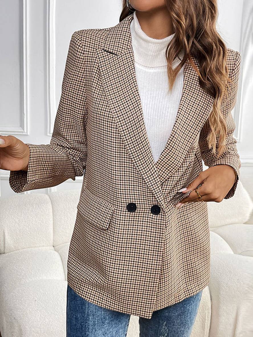 Women’s Plaid Double-Breasted Blazer Jacket