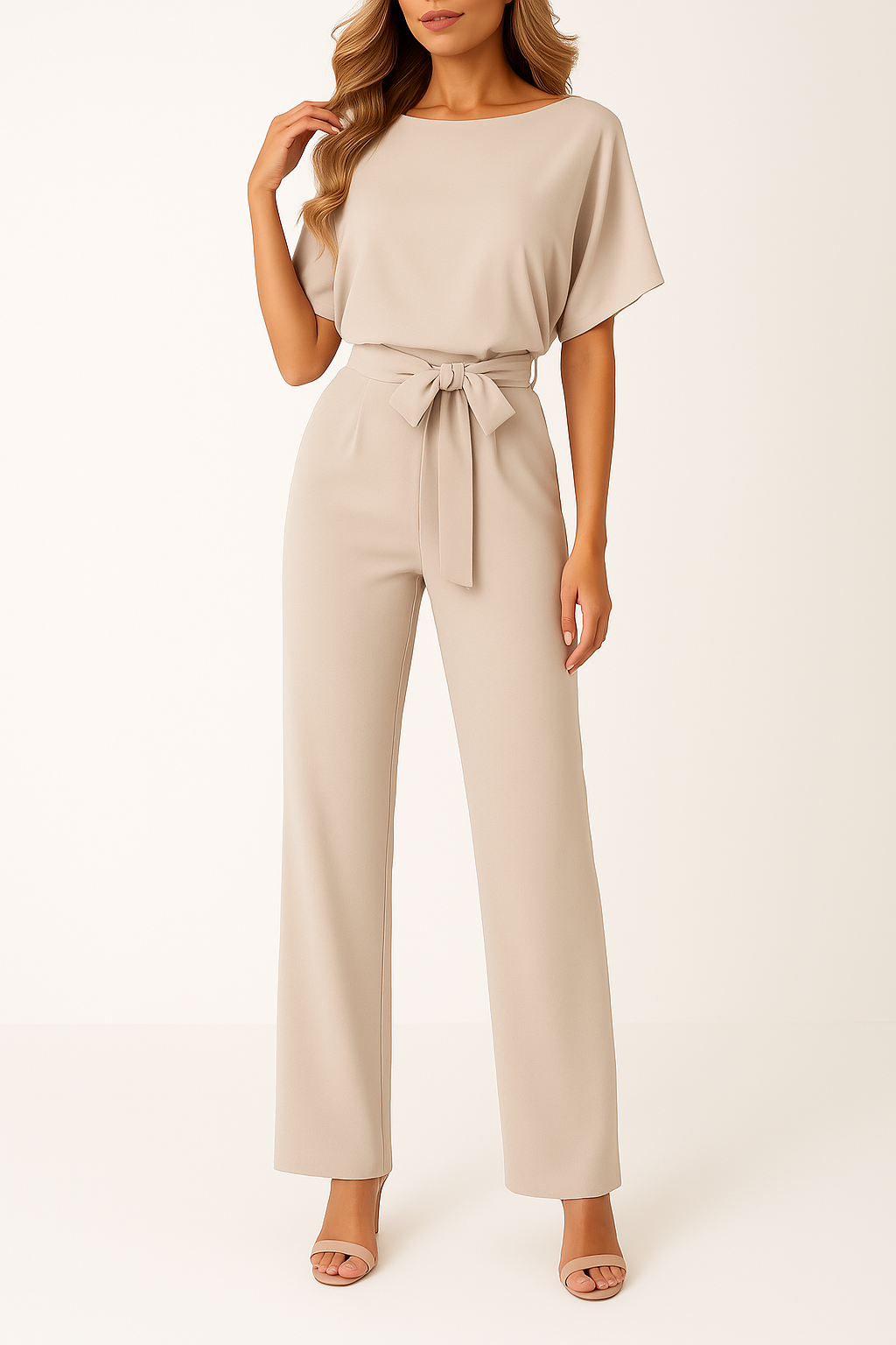 Women’s Short Sleeve Belted Wide Leg Jumpsuit