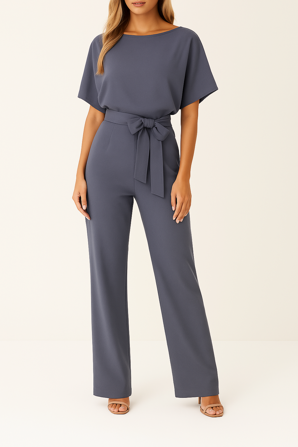 Women’s Short Sleeve Belted Wide Leg Jumpsuit