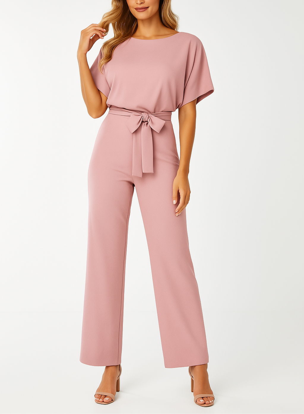 Women’s Short Sleeve Belted Wide Leg Jumpsuit