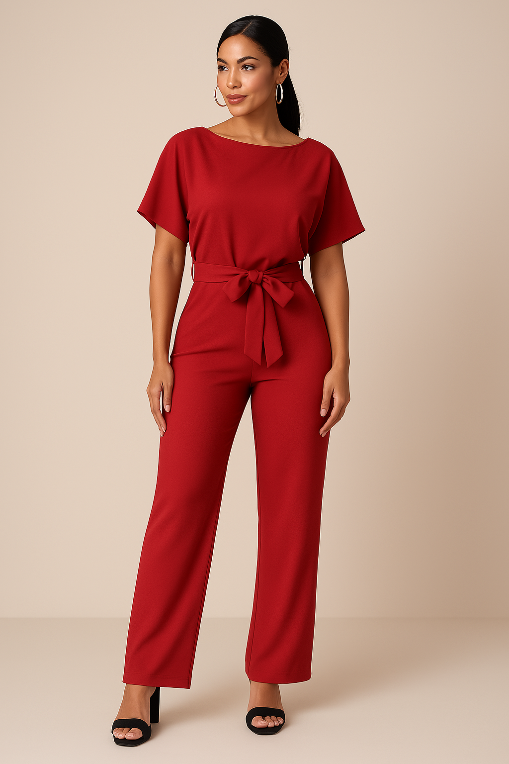 Women’s Short Sleeve Belted Wide Leg Jumpsuit