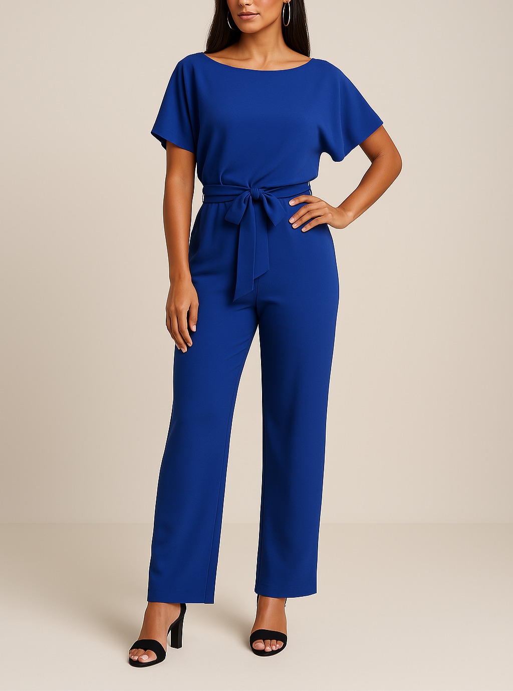 Women’s Short Sleeve Belted Wide Leg Jumpsuit