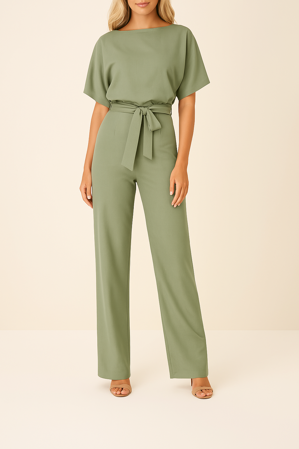 Women’s Short Sleeve Belted Wide Leg Jumpsuit