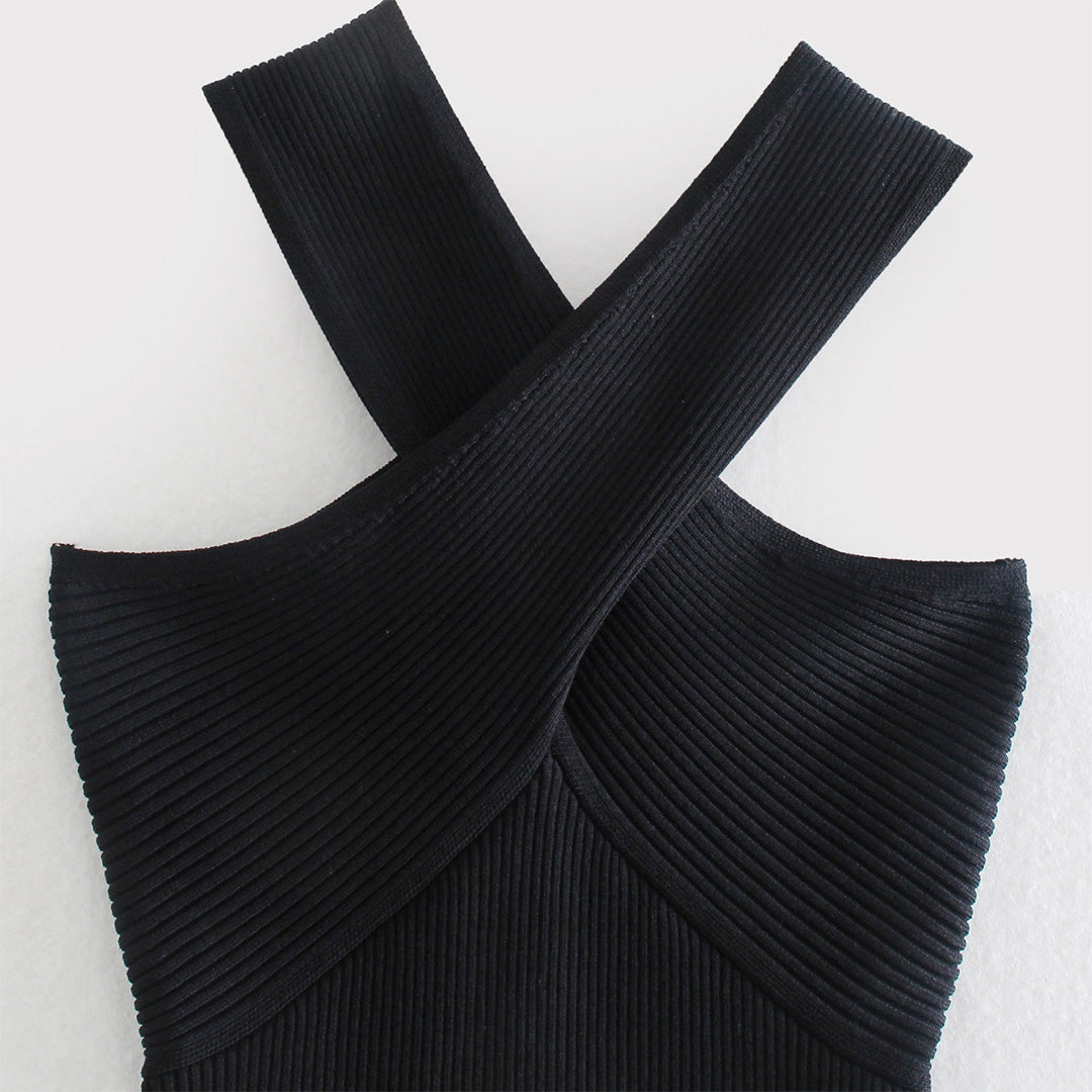 Chic Ribbed Cross Halter Neck Top for Women