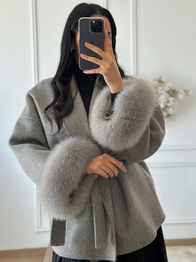 Women’s Faux Fur Trim Wrap Coat with Belt