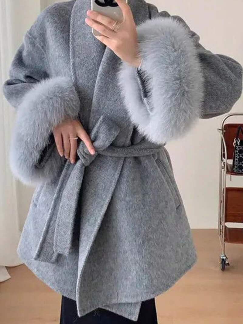 Women’s Faux Fur Trim Wrap Coat with Belt