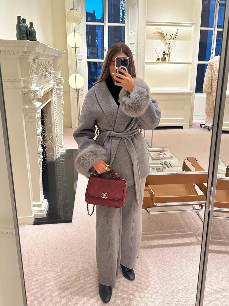 Women’s Faux Fur Trim Wrap Coat with Belt