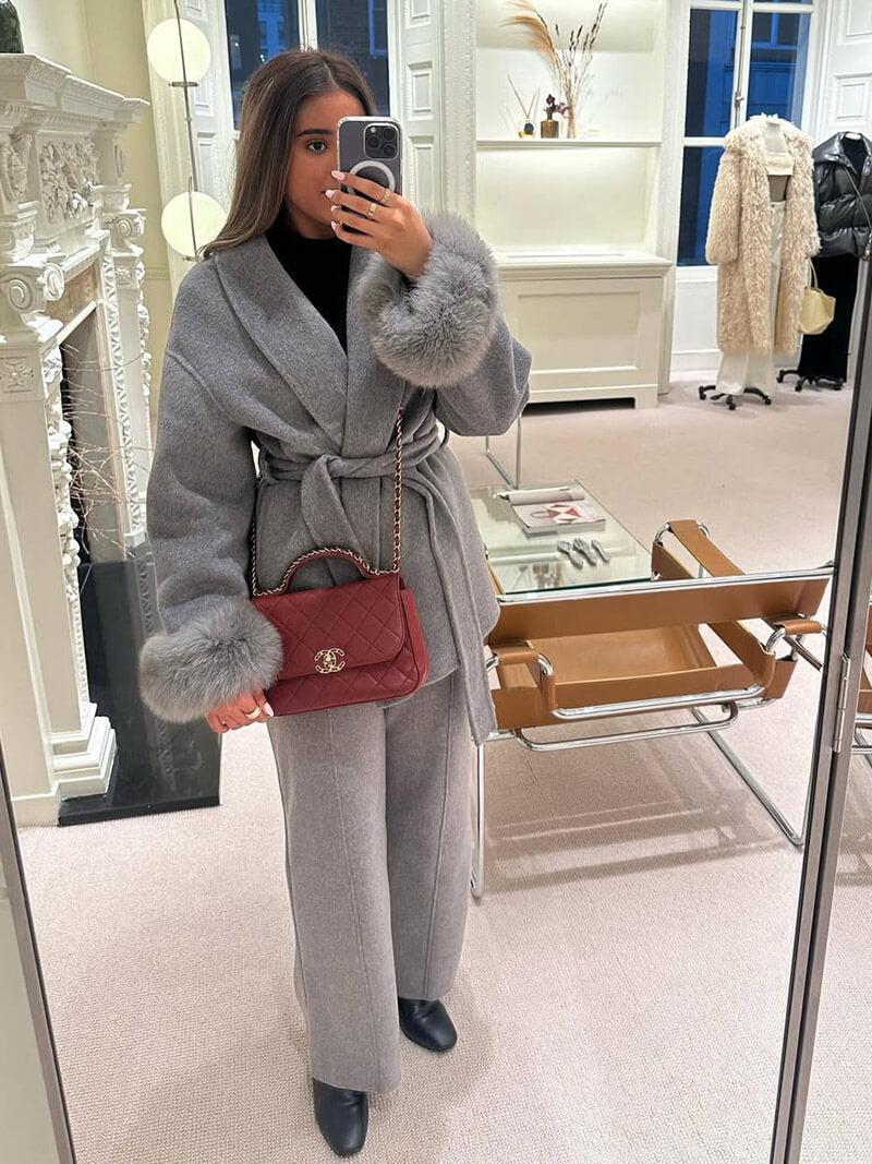 Women’s Faux Fur Trim Wrap Coat with Belt