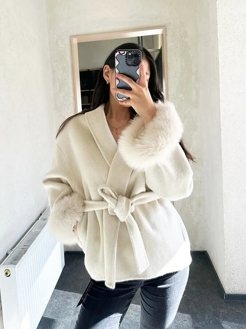Women’s Faux Fur Trim Wrap Coat with Belt