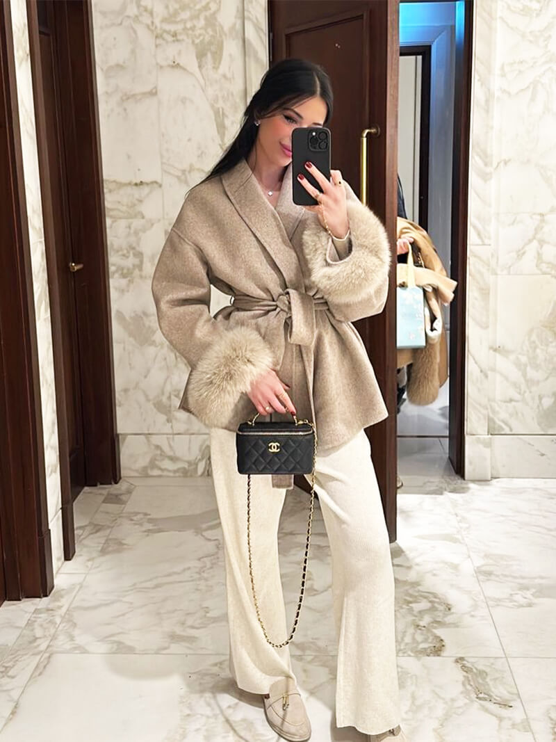 Women’s Faux Fur Trim Wrap Coat with Belt