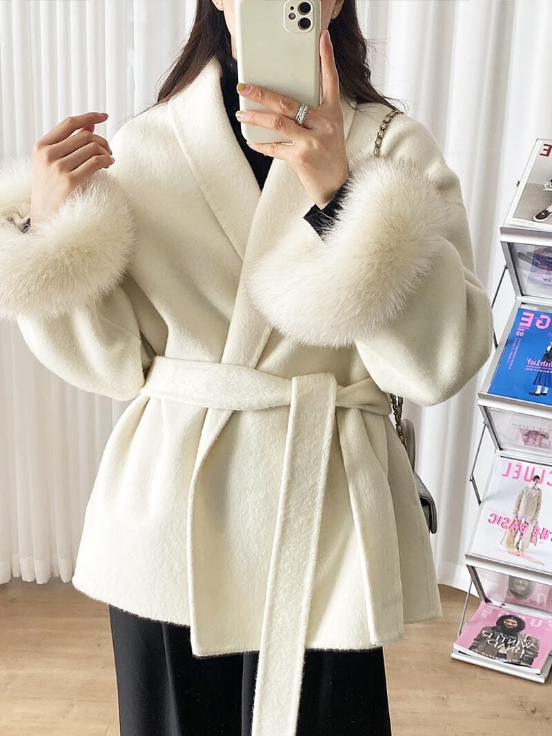Women’s Faux Fur Trim Wrap Coat with Belt
