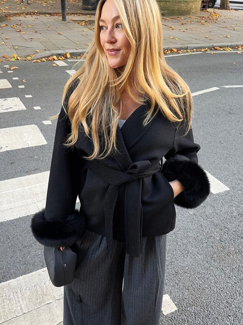 Women’s Faux Fur Trim Wrap Coat with Belt