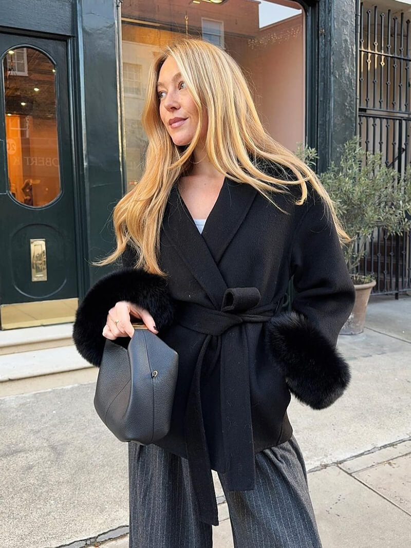 Women’s Faux Fur Trim Wrap Coat with Belt