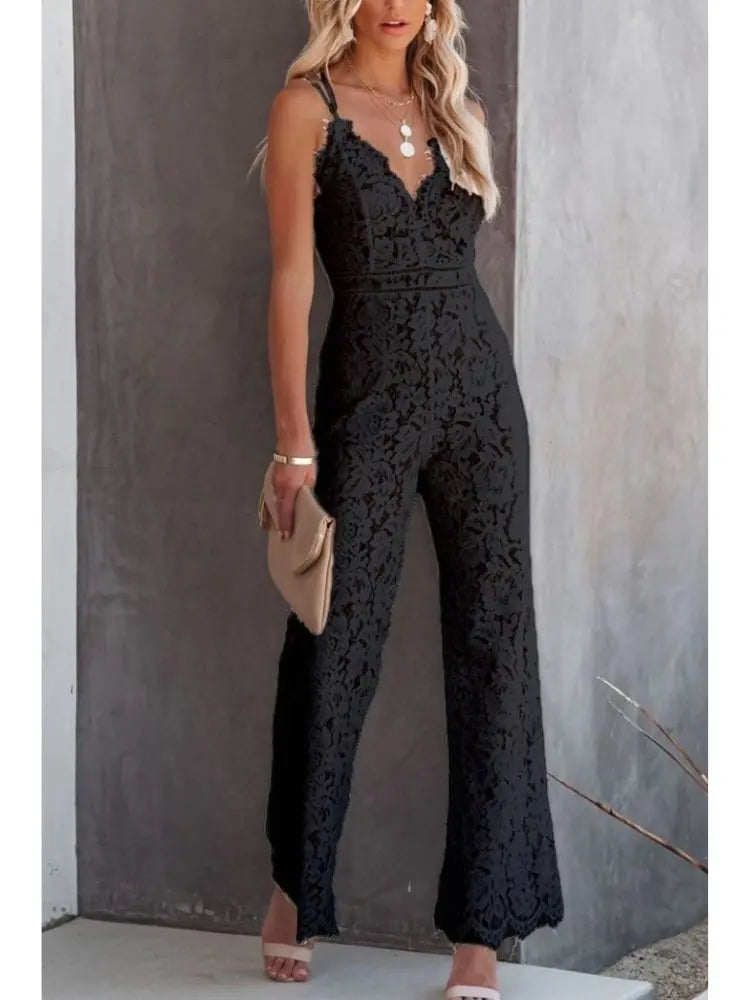 Women’s Elegant Lace V-Neck Sleeveless Jumpsuit