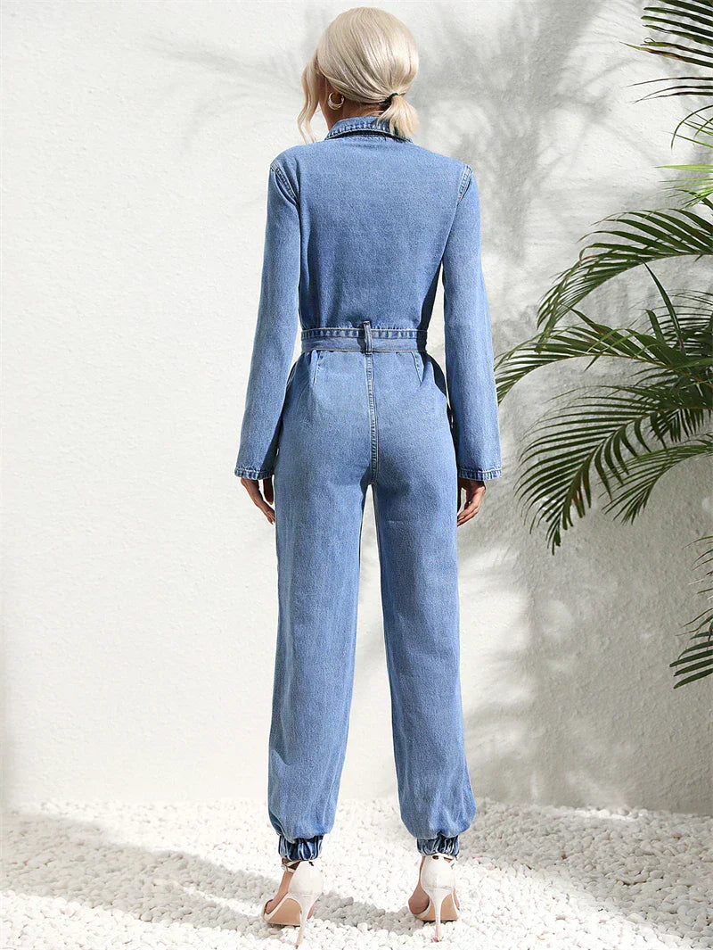 Women’s Denim Long Sleeve Button-Up Jumpsuit
