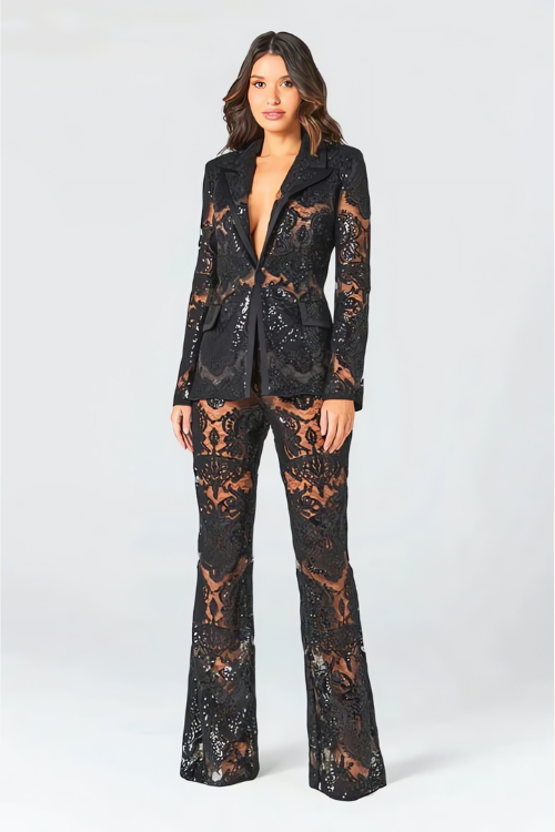 Women’s Elegant Lace Blazer and Pants Two-Piece Set