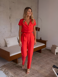 Women’s Elegant V-Neck Belted Short Sleeve Jumpsuit