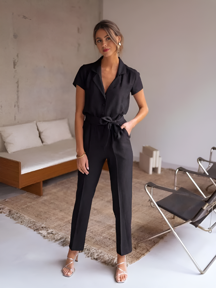 Women’s Elegant V-Neck Belted Short Sleeve Jumpsuit