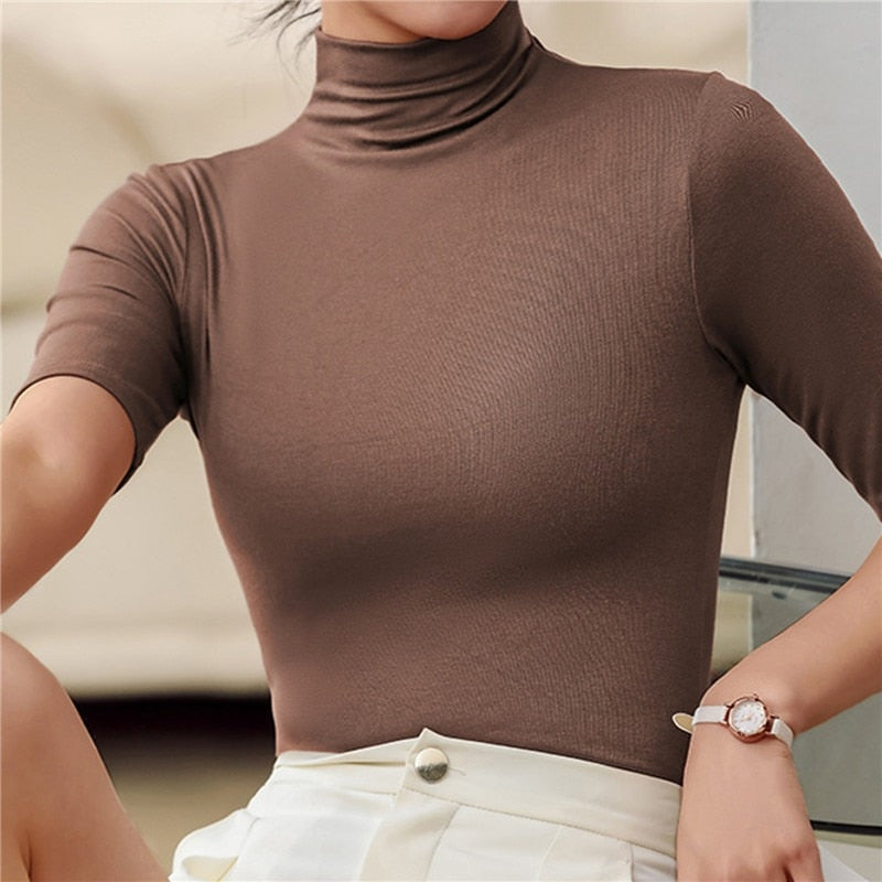 Fitted Mock Neck Short Sleeve Turtleneck Top for Women
