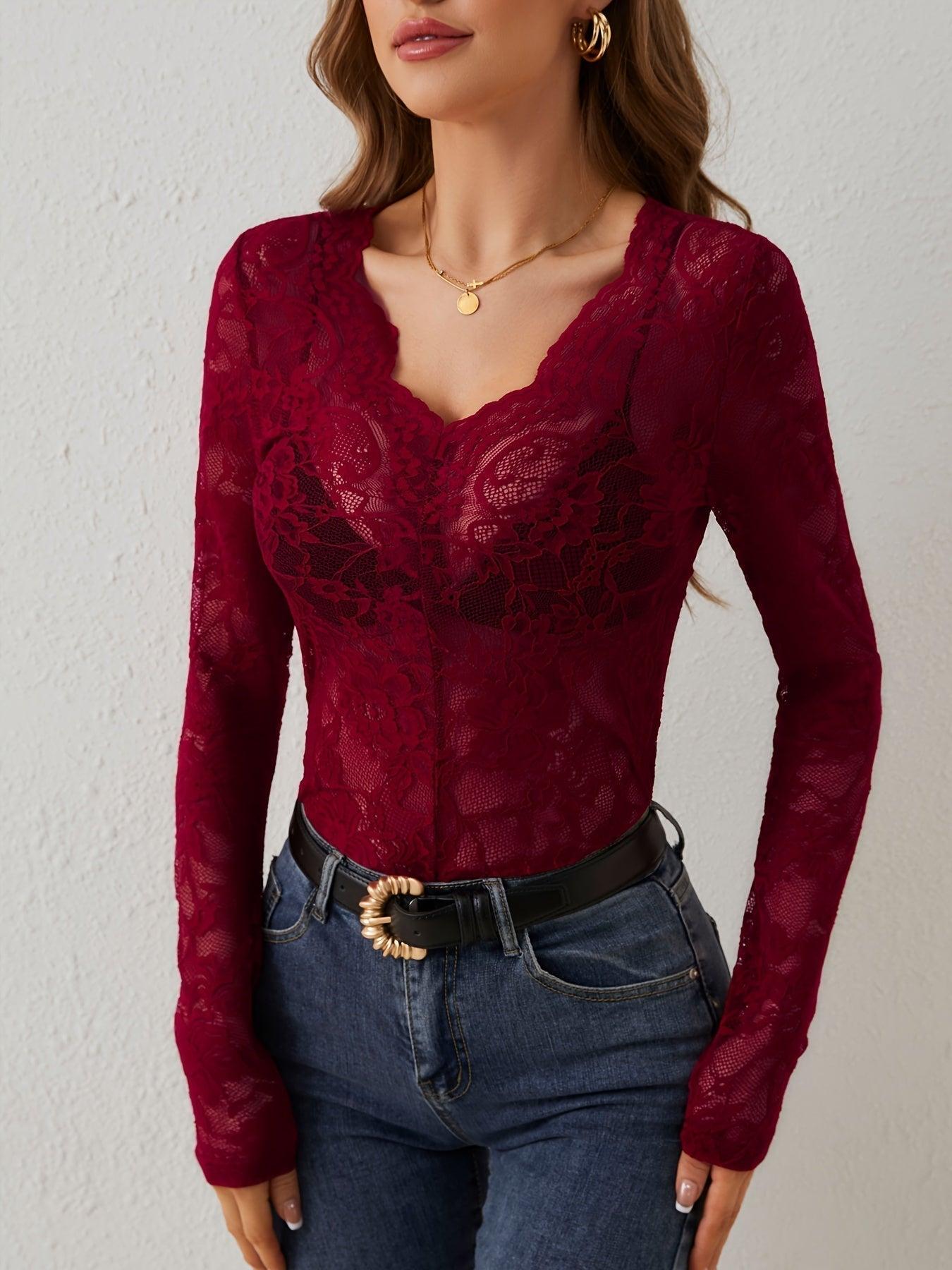 Women’s Sexy Lace V-Neck Long Sleeve Blouse