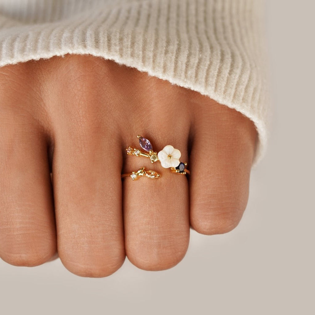 Women’s Gold Enamel Flower and Gemstone Adjustable Ring