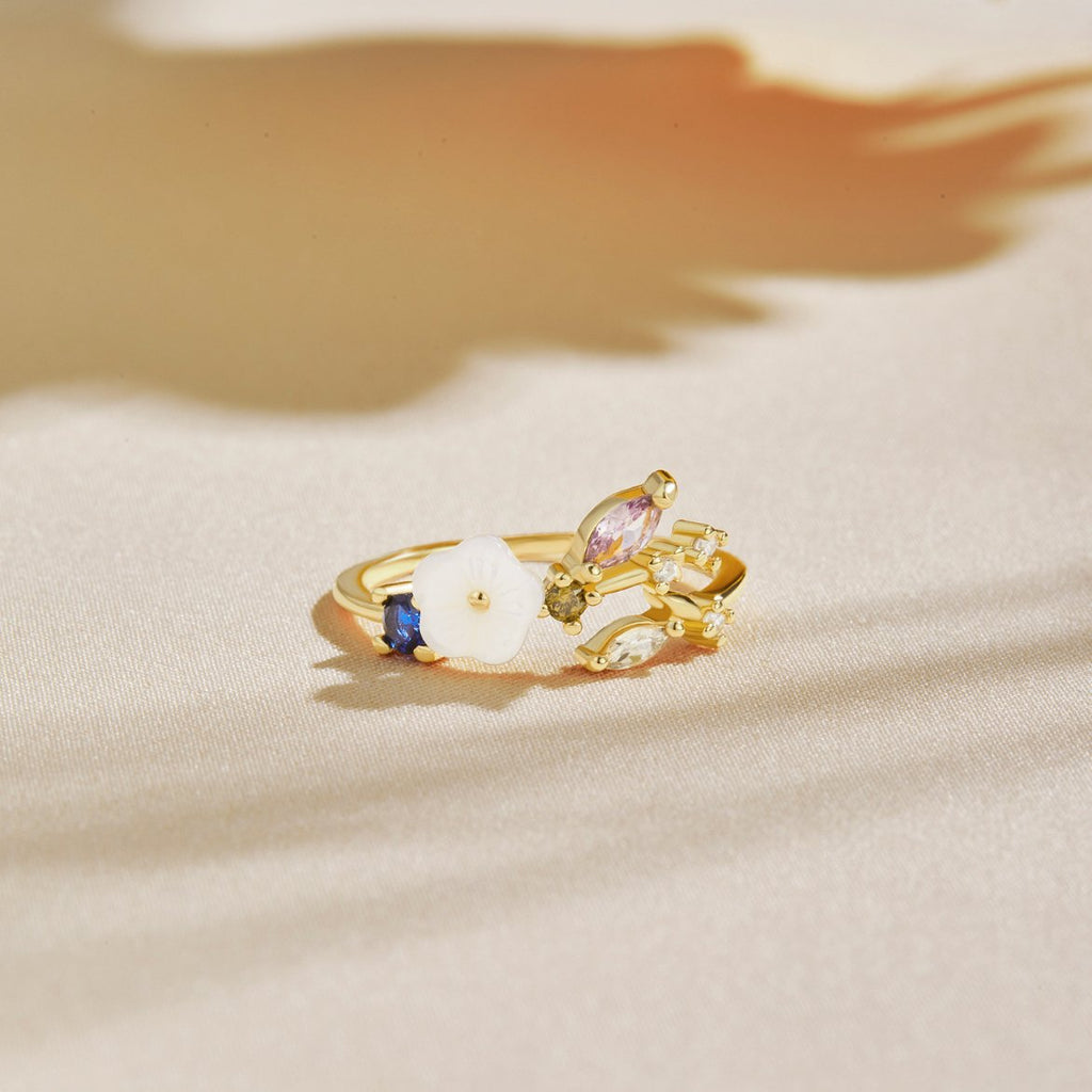 Women’s Gold Enamel Flower and Gemstone Adjustable Ring
