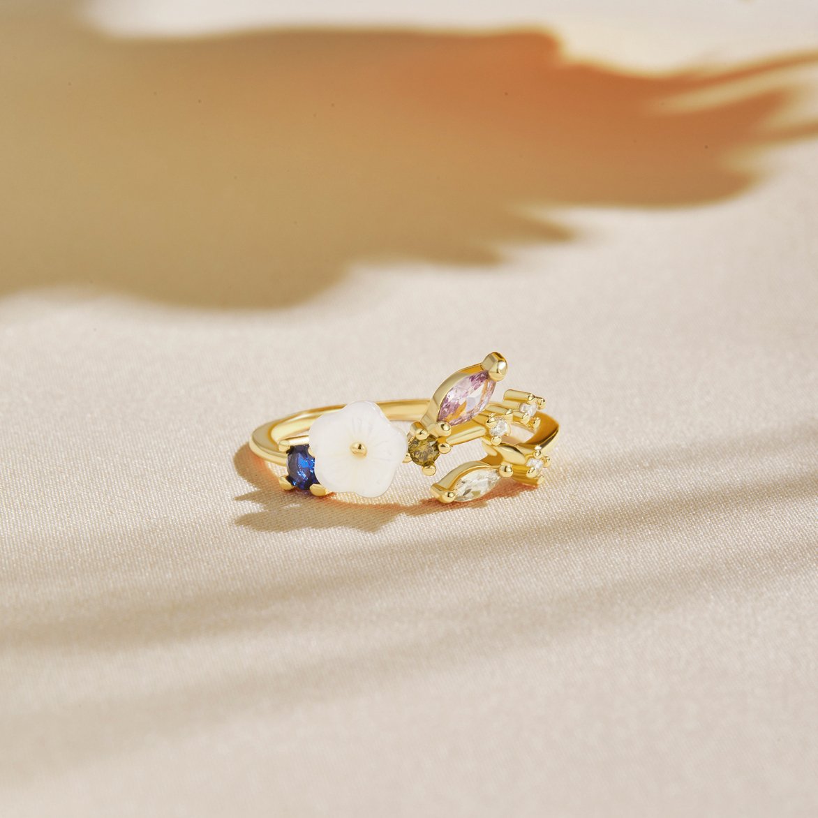 Women’s Gold Enamel Flower and Gemstone Adjustable Ring