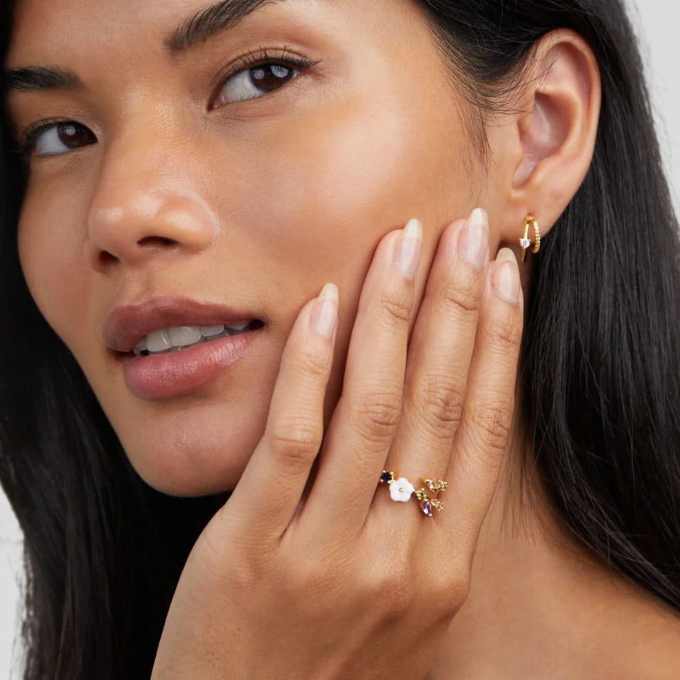 Women’s Gold Enamel Flower and Gemstone Adjustable Ring