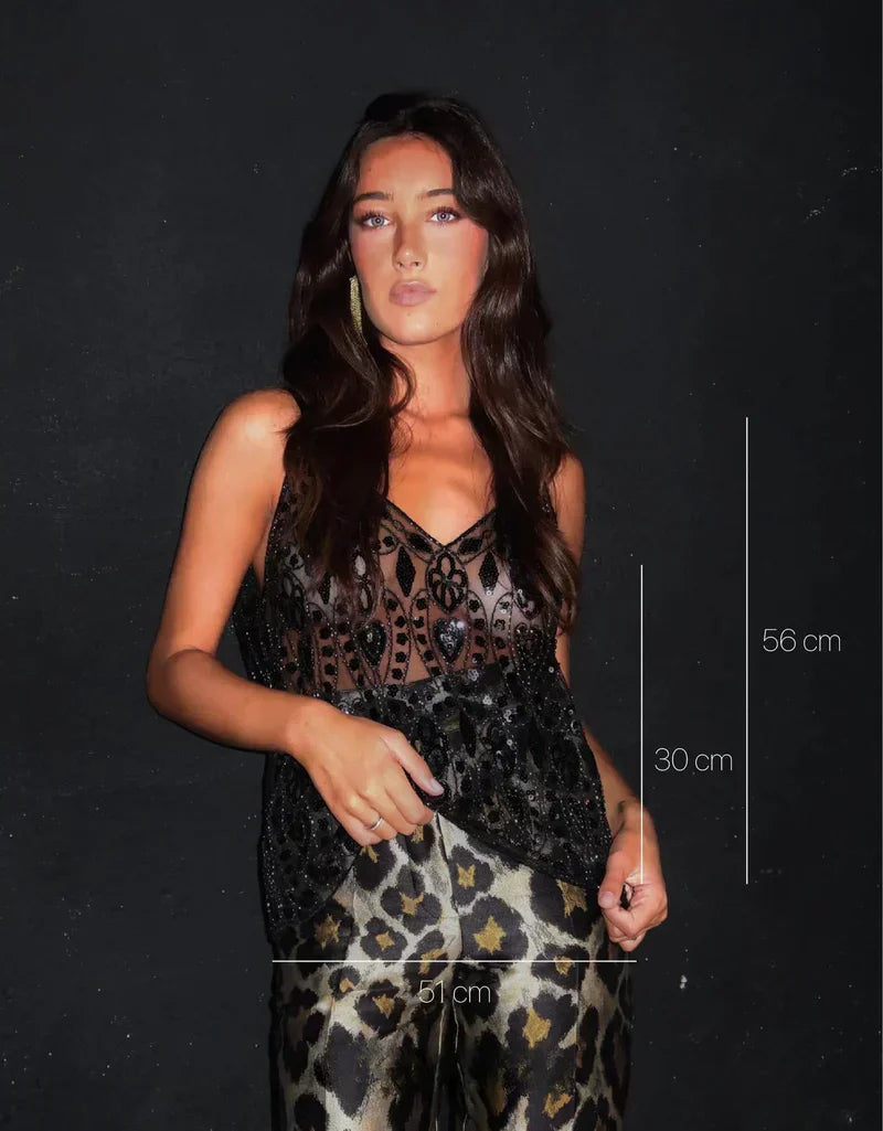 Black Sheer Embellished Sequin Cami Top – Women’s Partywear Blouse