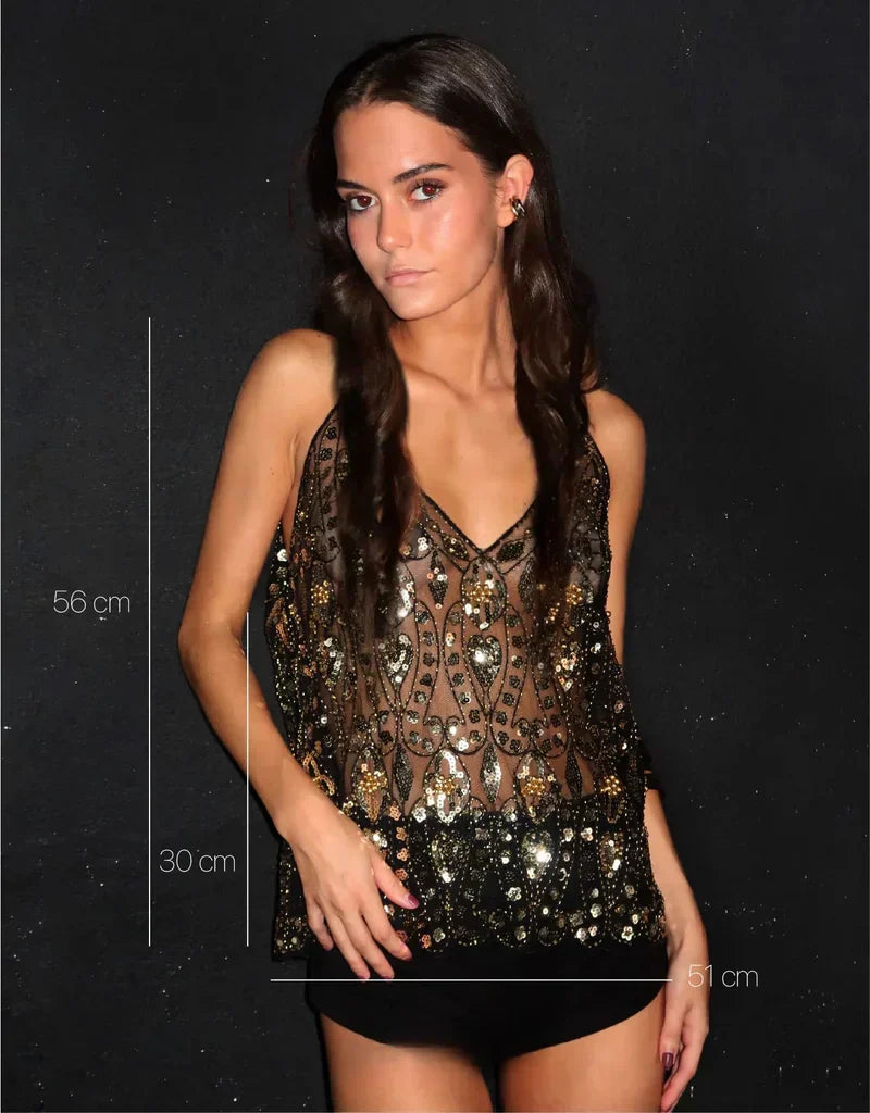 Black Sheer Embellished Sequin Cami Top – Women’s Partywear Blouse