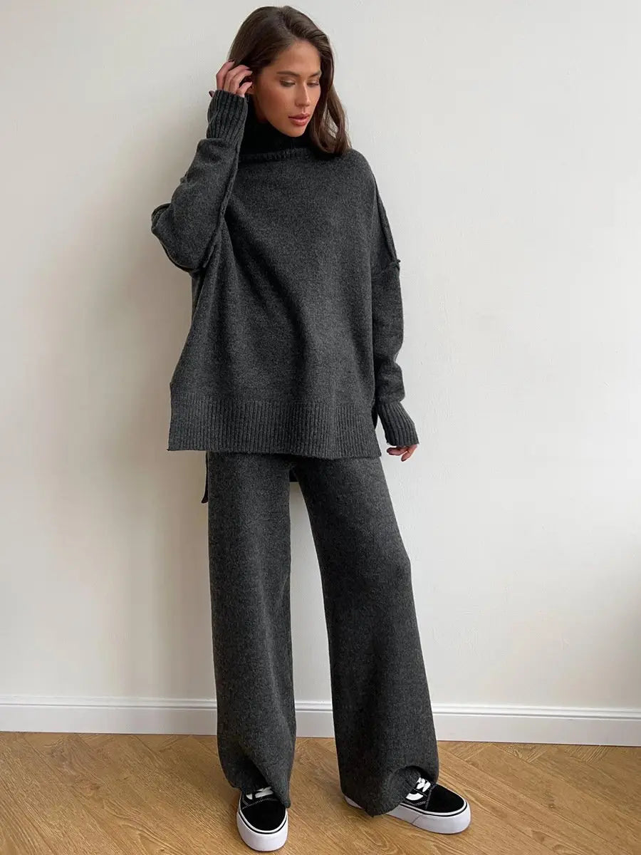 Women’s High Neck Knit Lounge Set with Wide Leg Pants