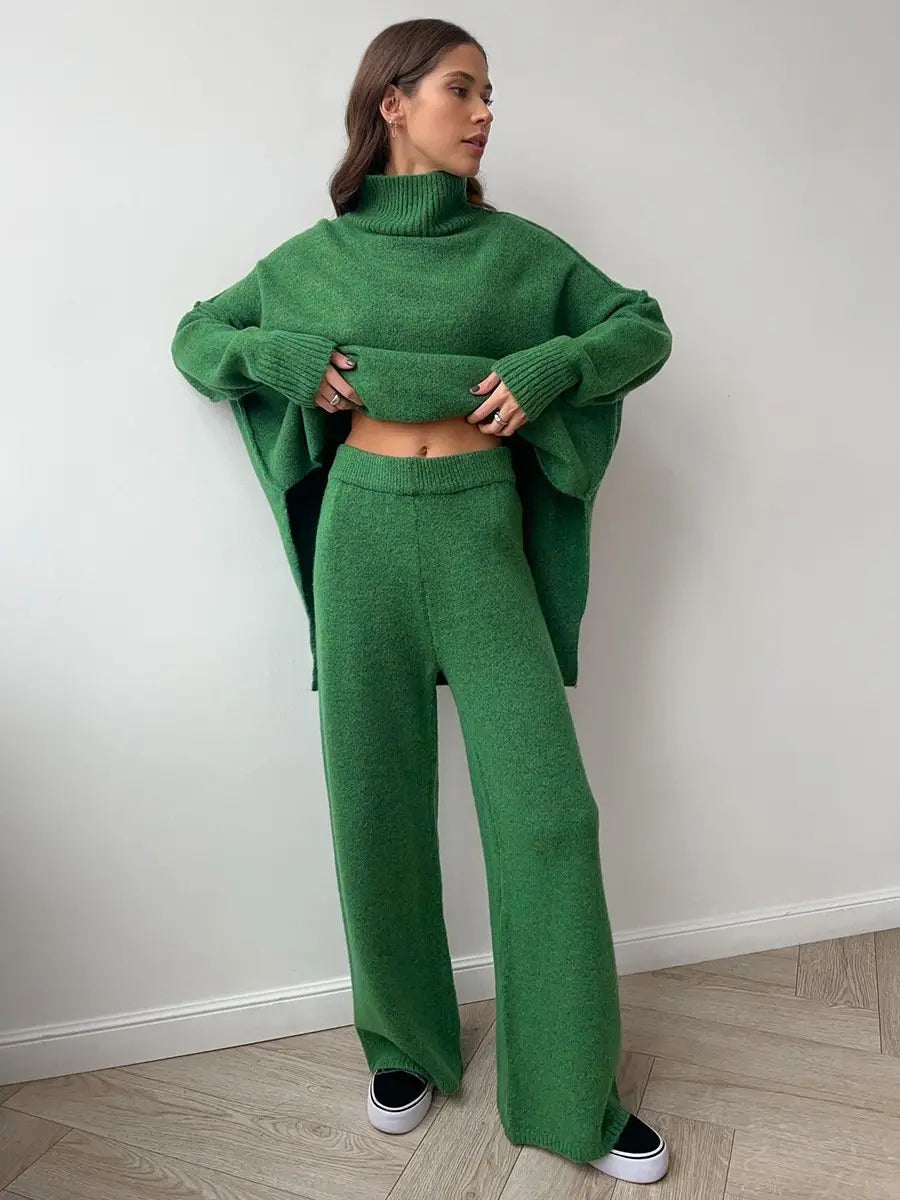 Women’s High Neck Knit Lounge Set with Wide Leg Pants