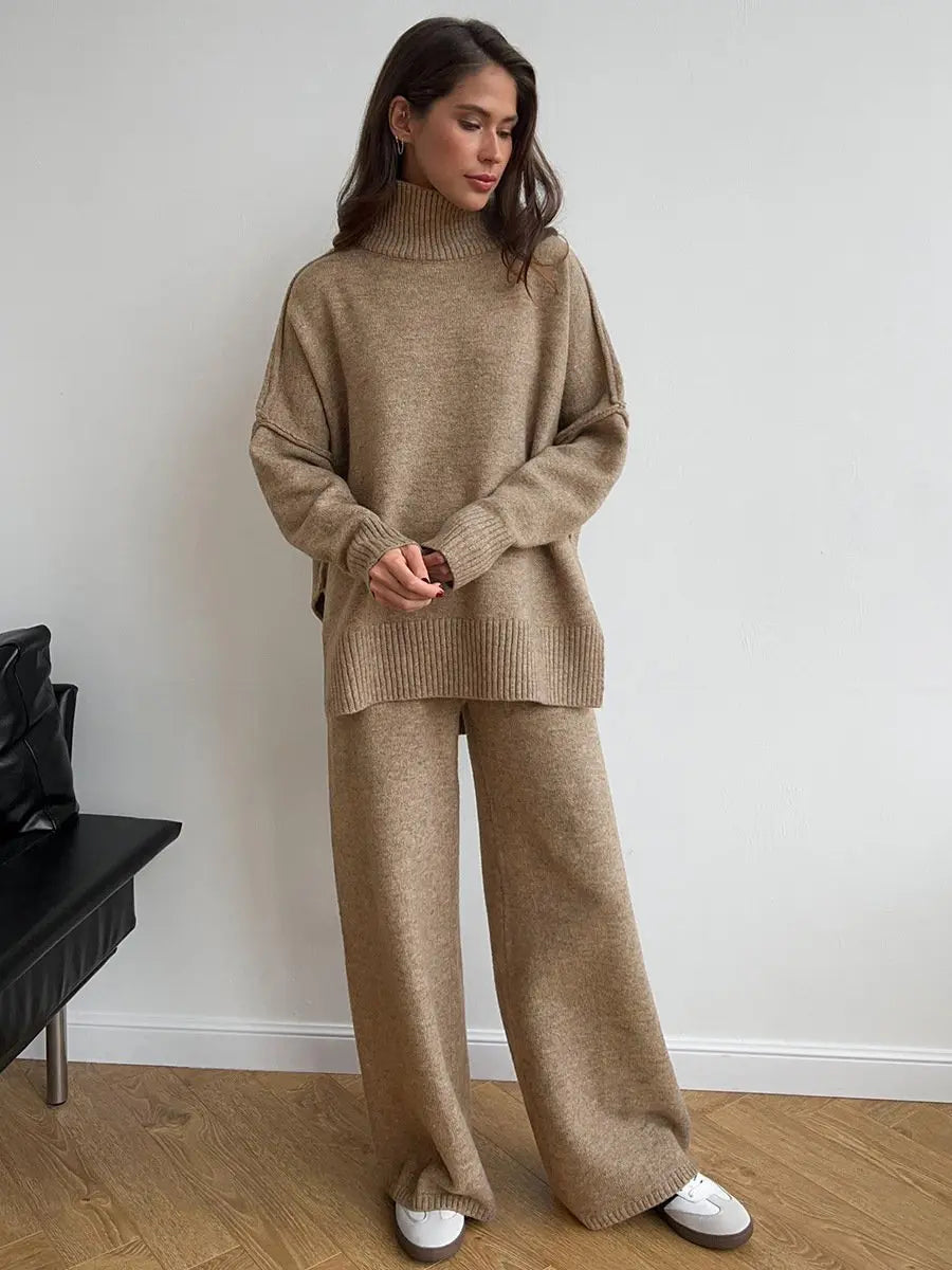 Women’s High Neck Knit Lounge Set with Wide Leg Pants
