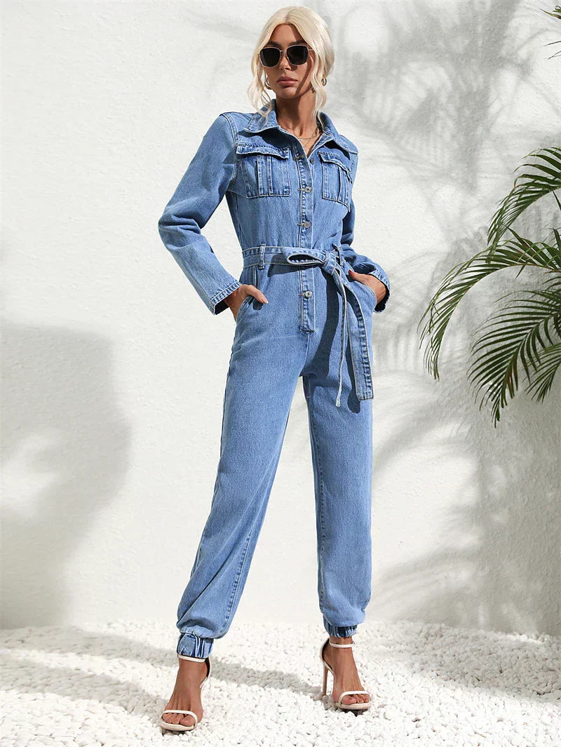 Women’s Denim Long Sleeve Button-Up Jumpsuit