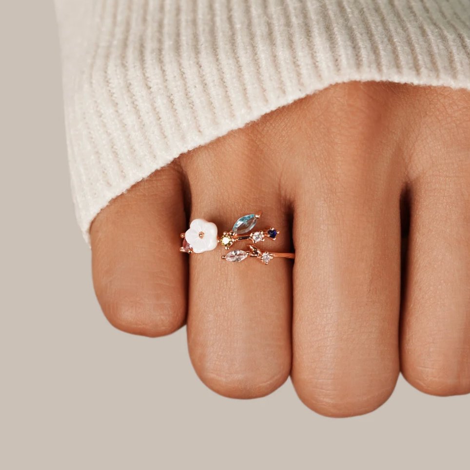 Women’s Gold Enamel Flower and Gemstone Adjustable Ring